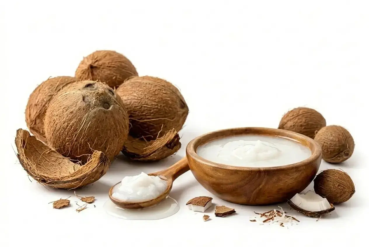 Huile de coco dans une assiette en bois