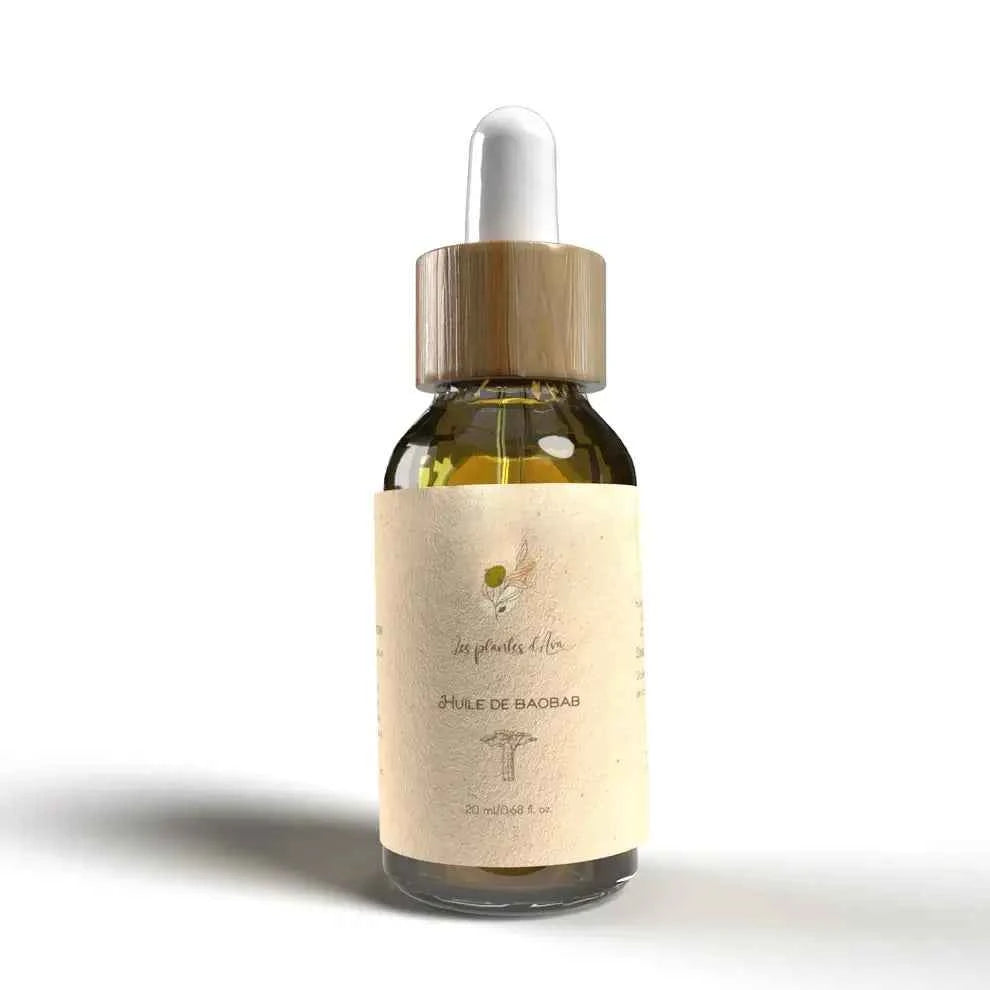 Flacon compte-gouttes en verre de 20 ml d'huile de baobab de la marque Les plantes d'Ava, bouchon en bois.