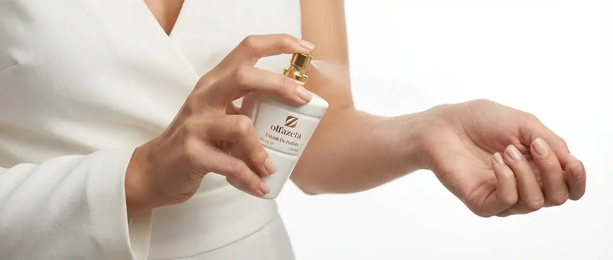 Bannière publicitaire montrant une femme qui applique l'extrait de parfum Olfazeta sur son poignet