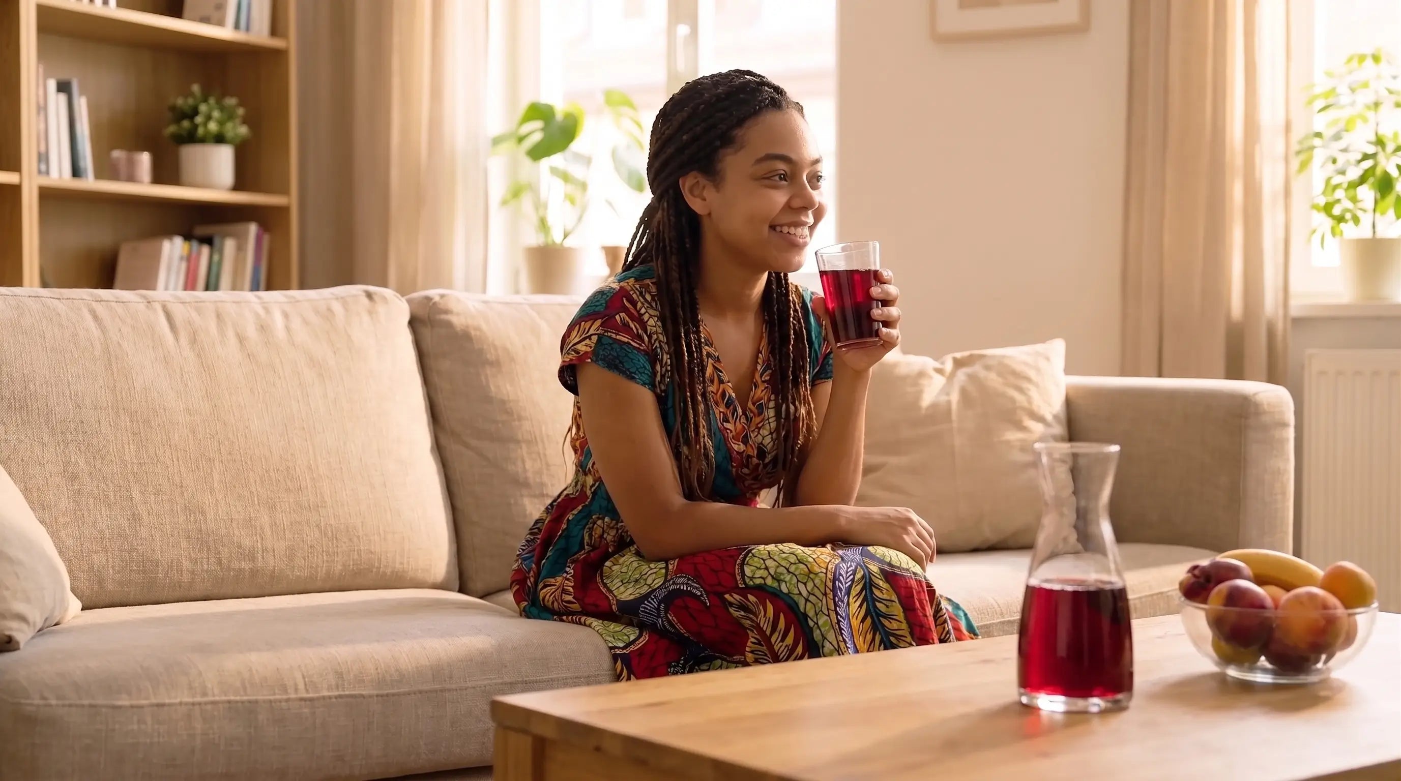 Femme souriante assise sur un canapé buvant un jus de bissap/hibiscus naturel.