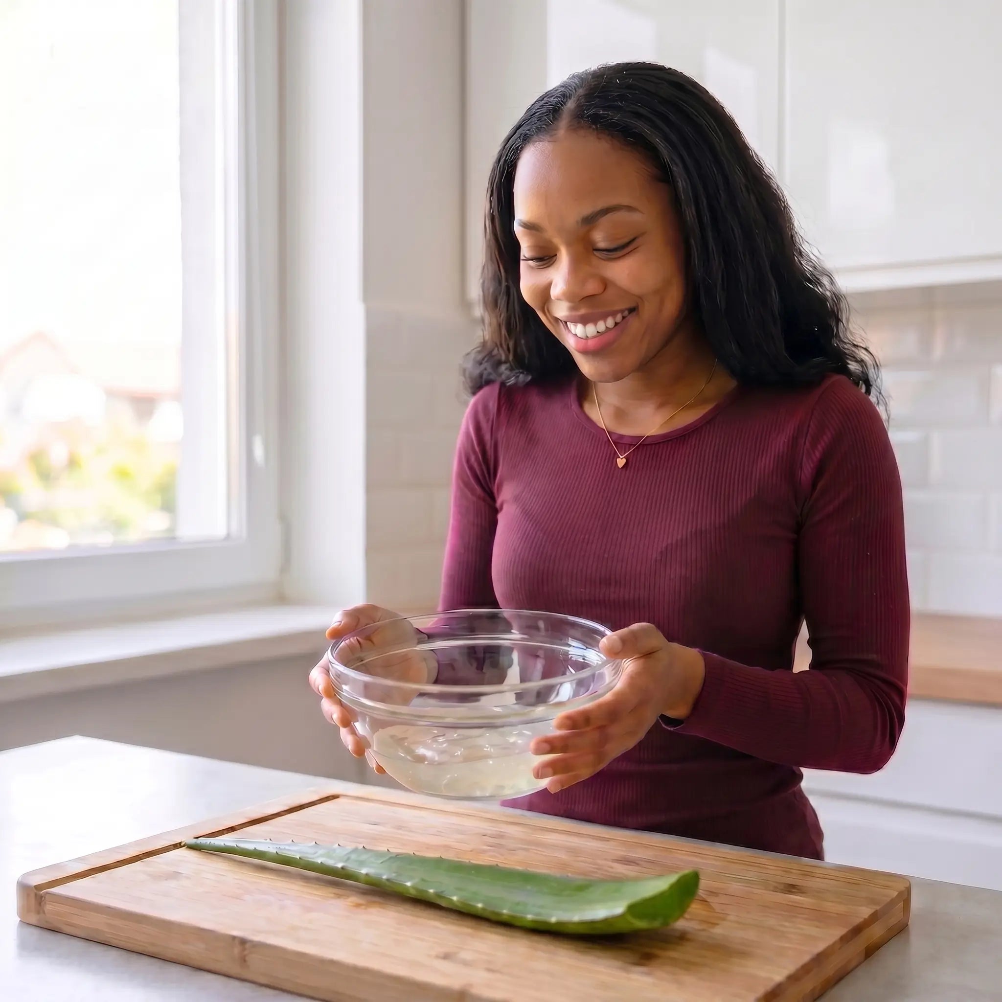 Une femme souriante tient un bol transparent contenant du gel d'aloe vera naturel fait maison