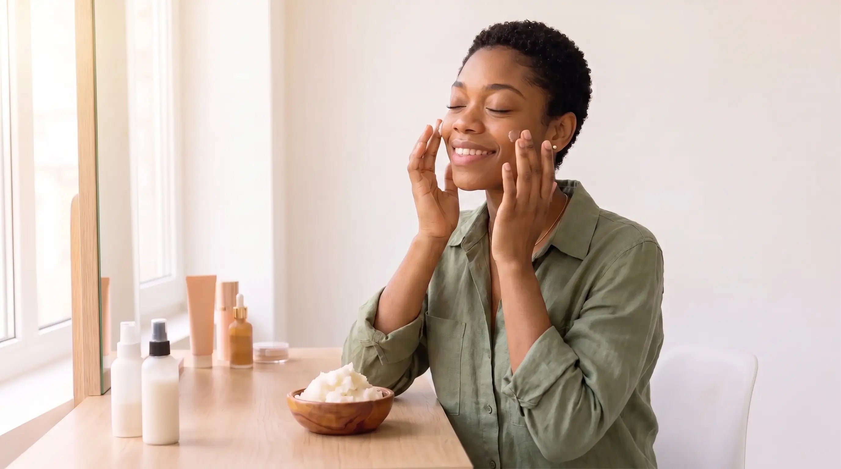 Une femme appliquant une crème hydratante naturelle sur son visage