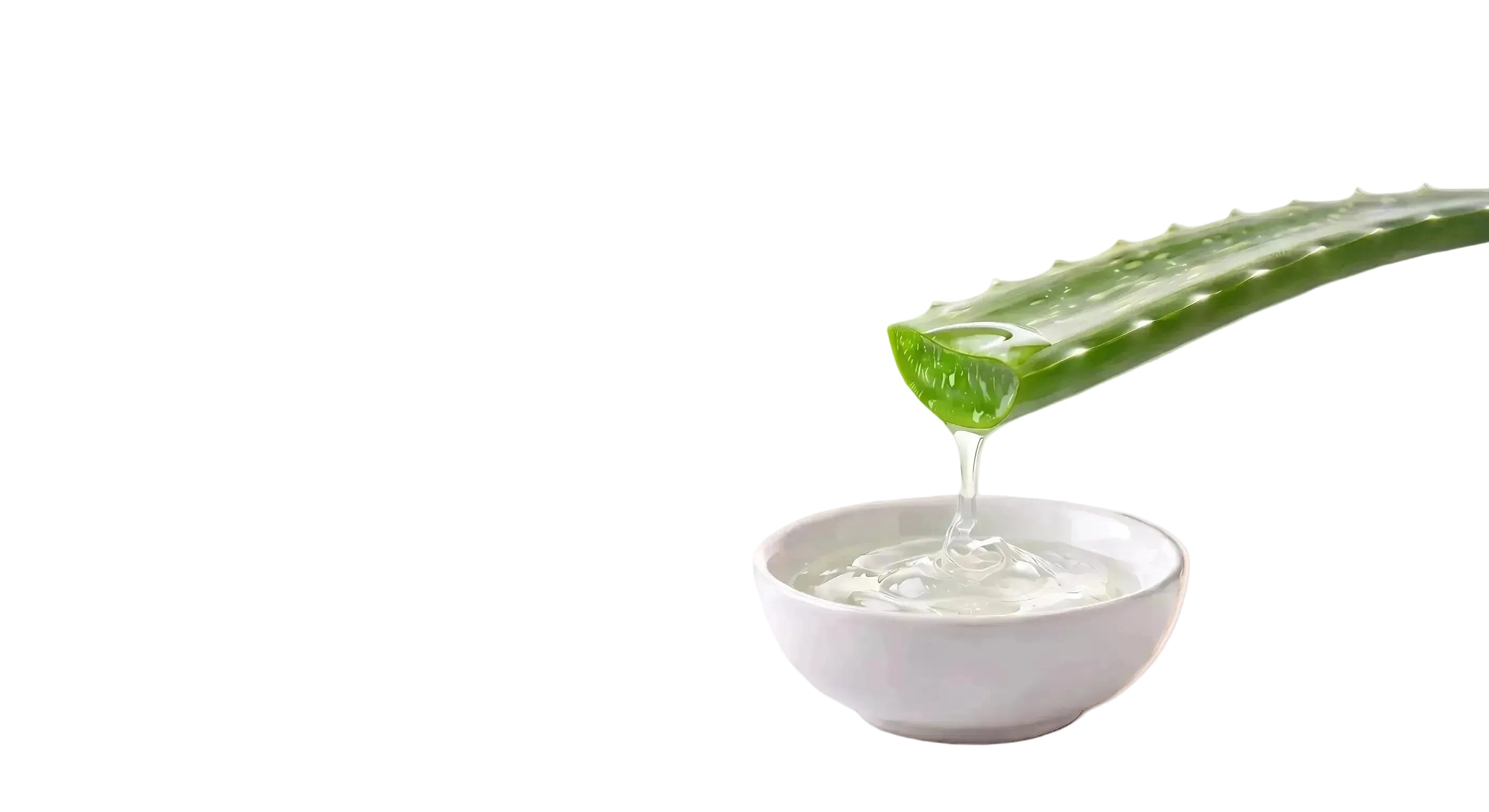 Gel d'aloe vera pur qui s'écoule d'une feuille fraîche coupée vers un bol blanc, posé sur une table en bois.