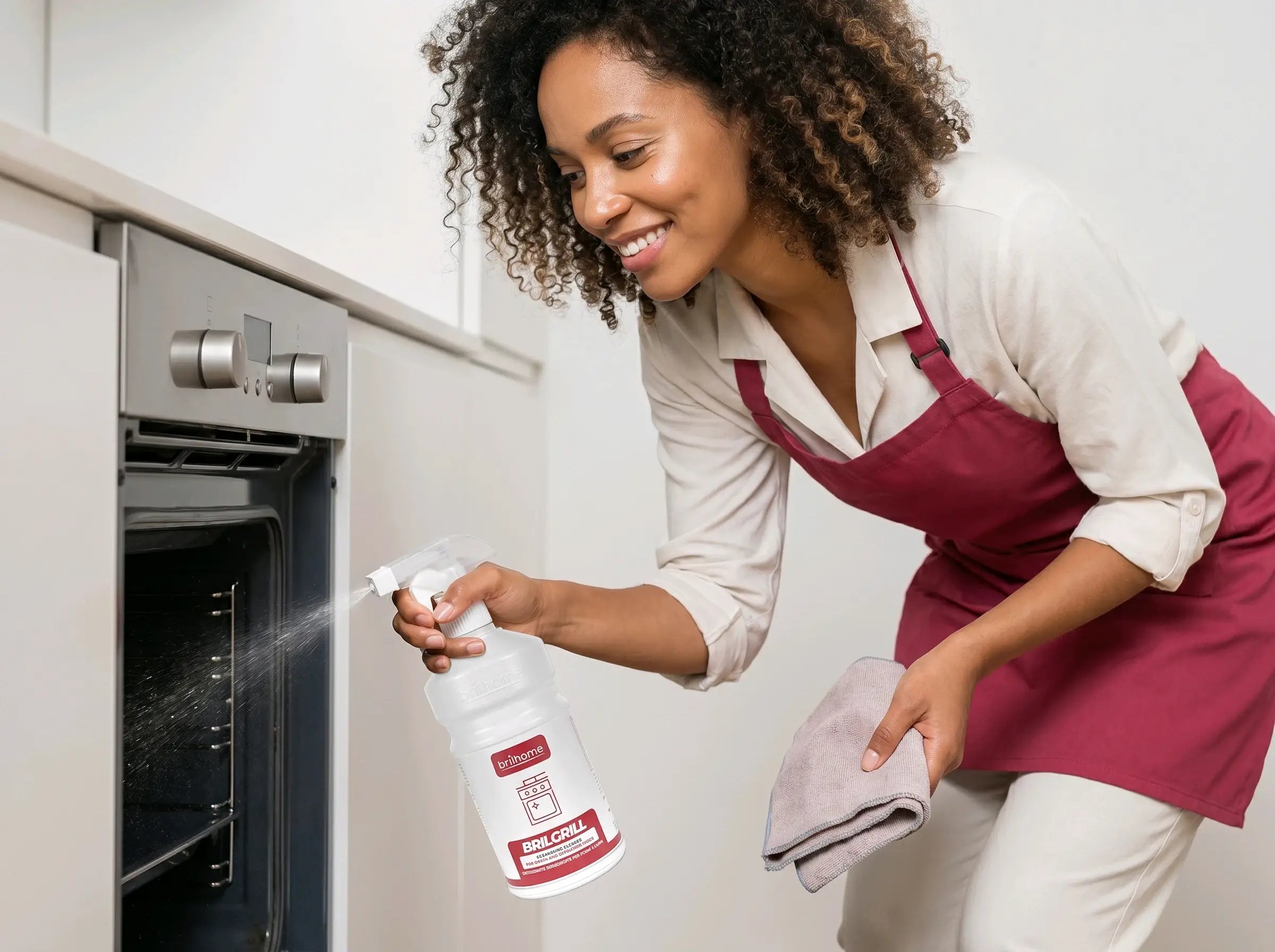 Femme souriante portant un tablier couleur bordeau utilisant le spray nettoyant dégraissant Brilgrill de Brilhome pour nettoyer l'intérieur d'un four blanc et inox avec un chiffon microfibre.