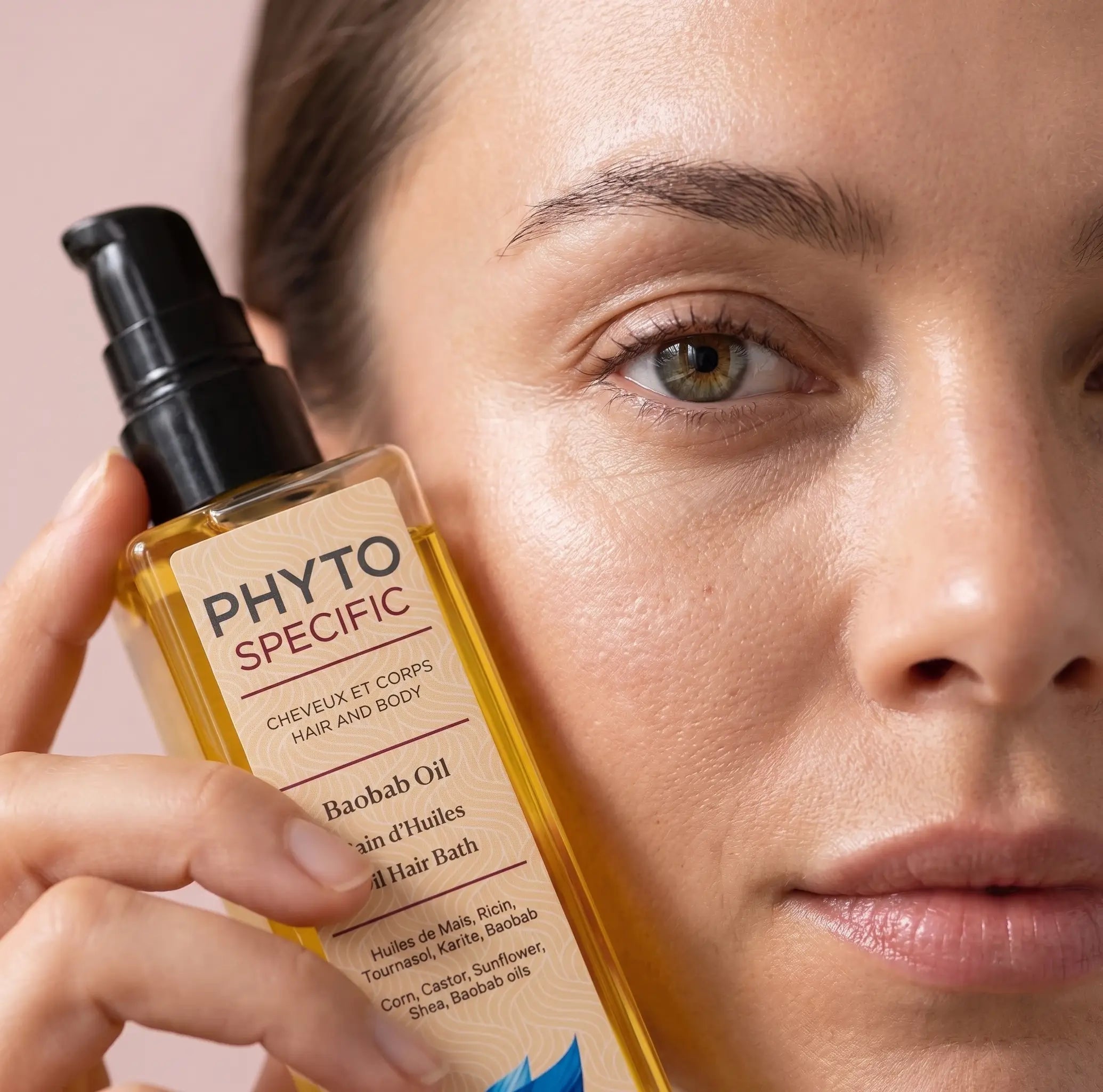 Flacon d'huile de Baobab Phyto Specific pour cheveux et corps tenu par une femme au teint naturel, soin nourrissant aux huiles de ricin, karité et baobab.