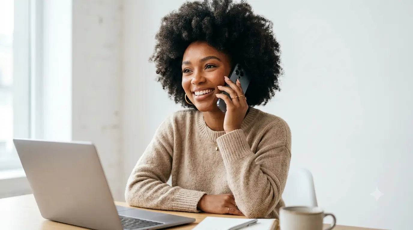 Conseillère du service client souriante au téléphone, assise à son bureau