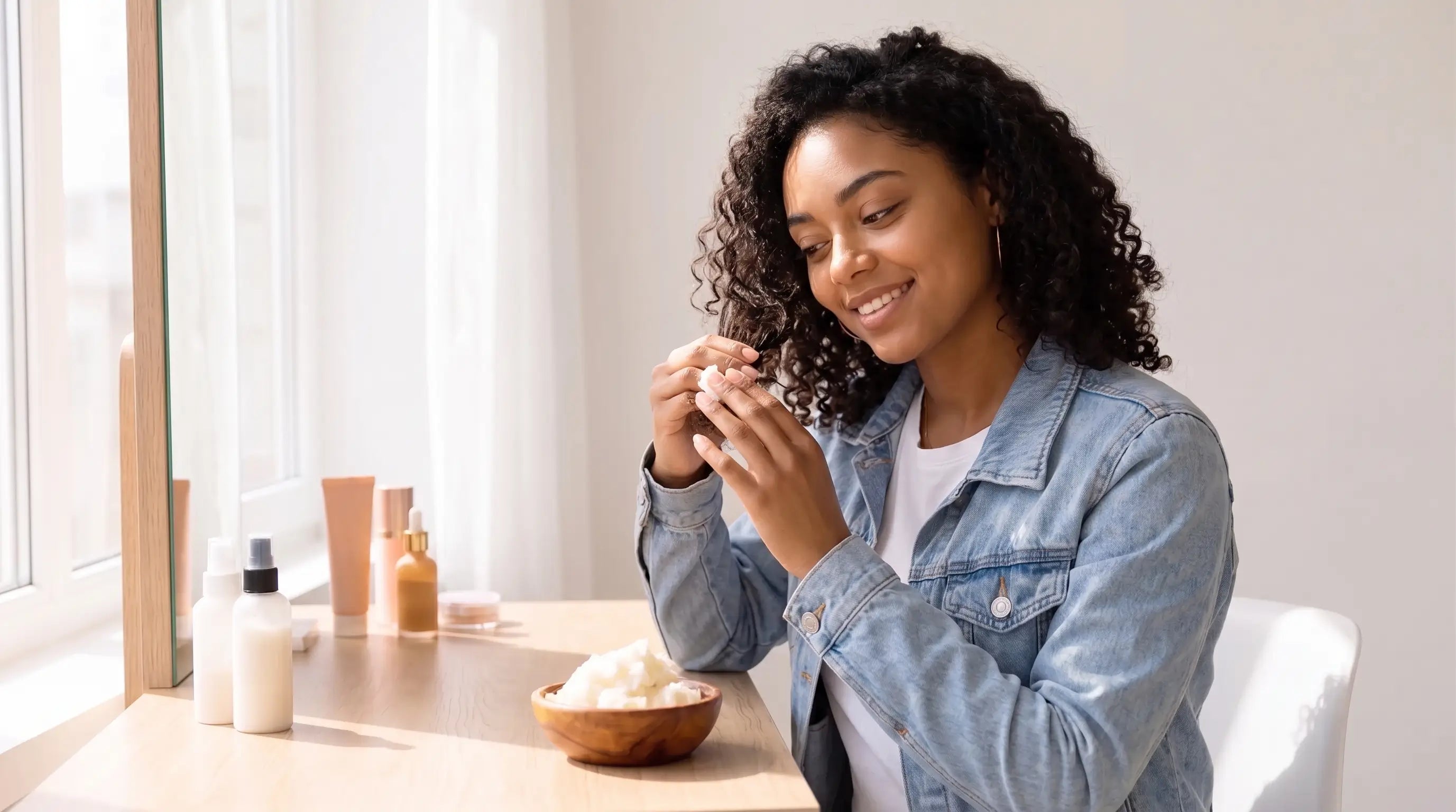 Une jeune femme souriante appliquant du beurre de karité en soin hydratant naturel