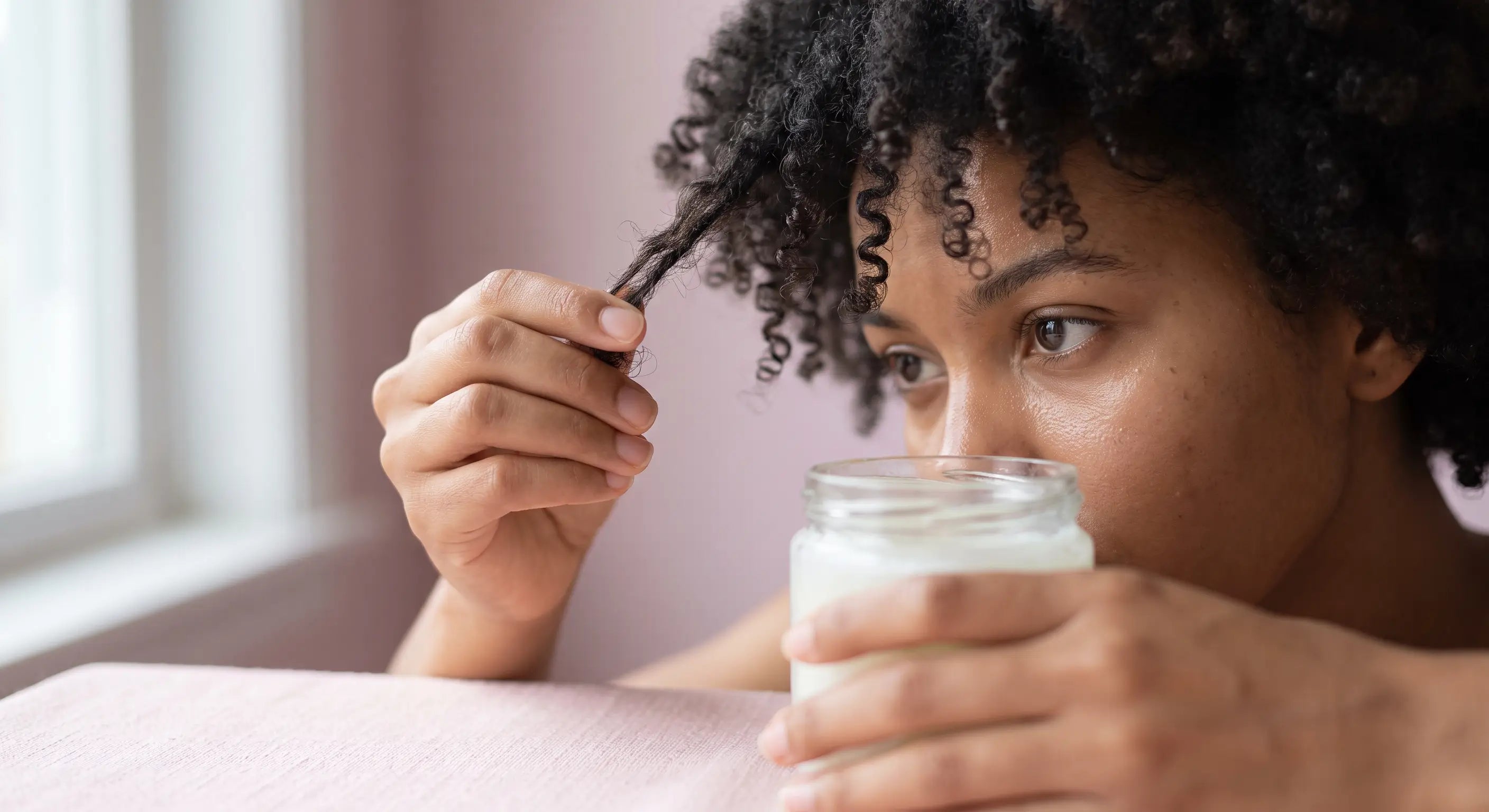 Femme appliquant de l'huile coco sur les cheveux